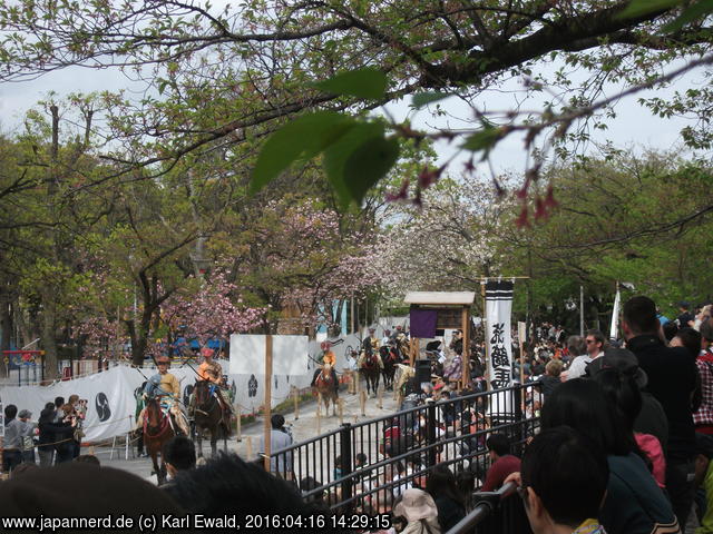 Tokyo Asakusa, Yabusame: Rückkehr der Schützen unter Kirschbäumen, rechts der Schiedsrichterstand
