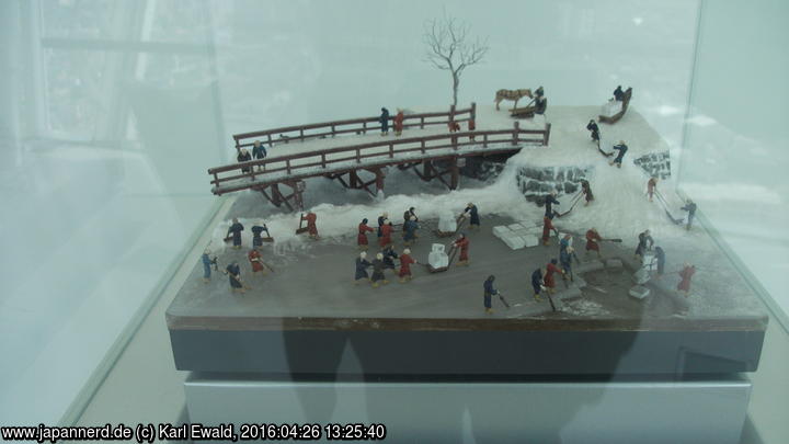 Hakodate, Goryôkaku-Turm: Modellszene Eisgewinnung aus dem Wassergraben
