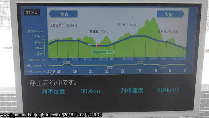 Klick für Großformat Yamanashi Prefecture Maglev Exhibition Center: Monitor mit Angaben zum Testzug (504km/h)