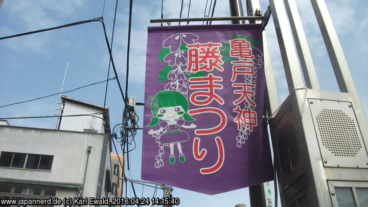 Tokyo, Kameido: Banner für das Wisteria-Matsuri am Kameido-Tenjin-Schrein
