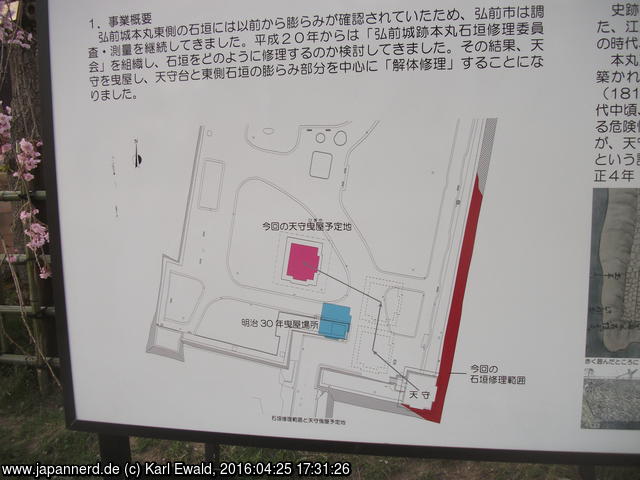 Hirosaki Park, Honmaru: Diagramm der Verschiebung des Hauptturms
