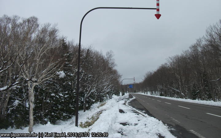 Shiretoko, Straße nach Utoro: solche Pfeile markieren auf Hokkaido den Fahrbahnrand
