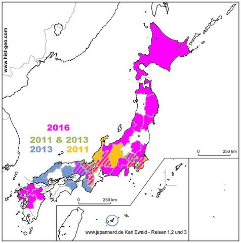 Karte mit Markierung der von mir bereisten Präfekturen, Reisen 1-3 (Outline-Map von Hist-geo.co.uk)
