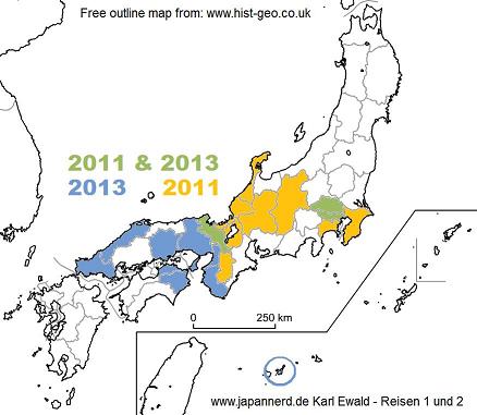 Karte mit Markierung der von mir bereisten Präfekturen(Outline-Map von Hist-geo.co.uk)
