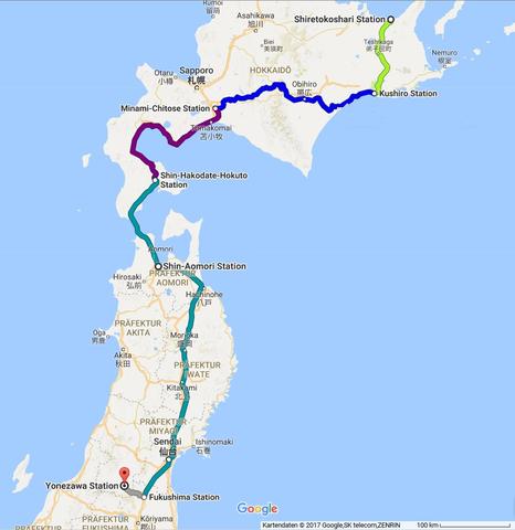 Klick für Großformat Route von Shiretoko-Shari nach Yonezawa
